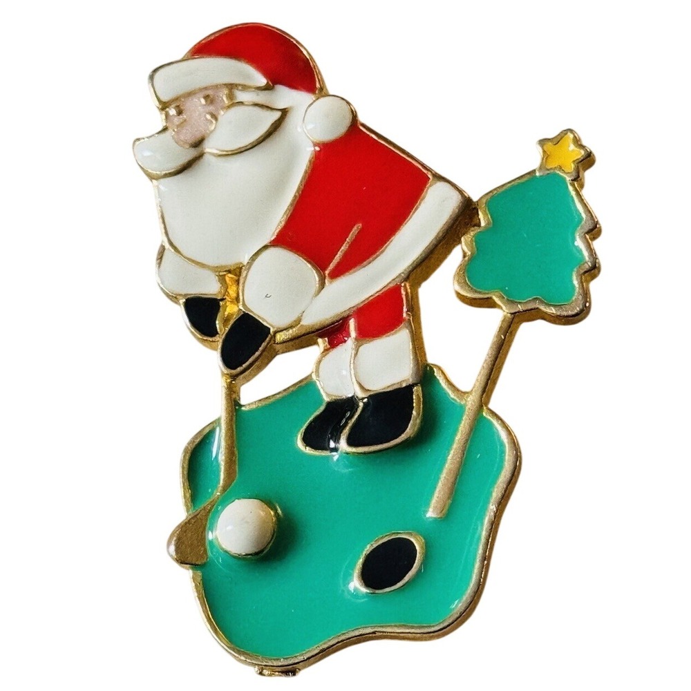 Berebi Christmas VTG Santa Claus Golf Pro Pin Brooch Enamel Gold Signed Rare 90s